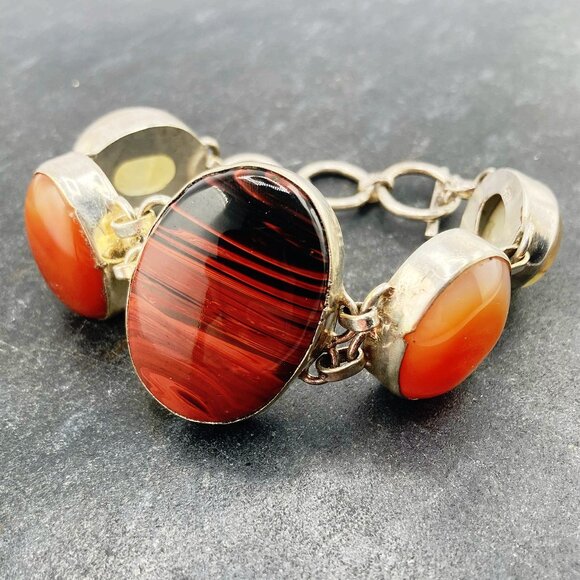 VINTAGE Sterling silver, fluorite, red obsidian, & possibly carnelian bracelet - Picture 3 of 12